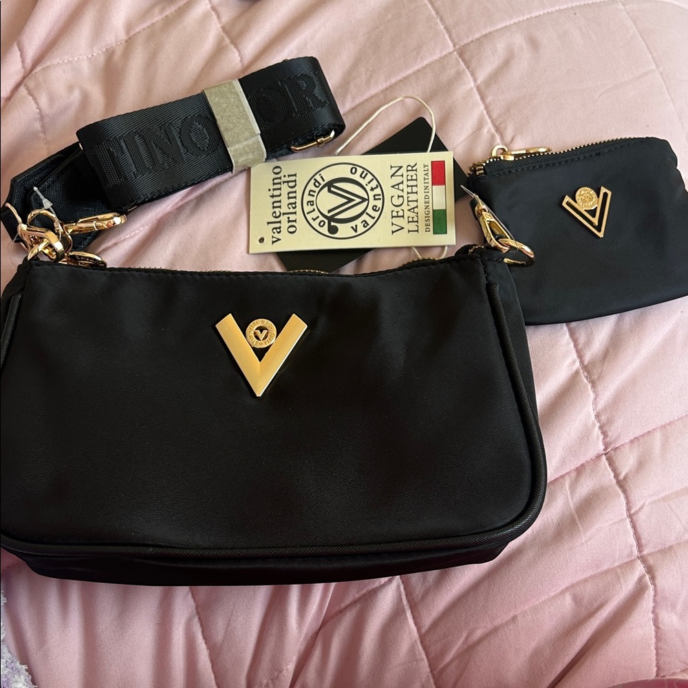 Valentino Orlandi Black Shoulder Bag with Gold V Logo and Coin Pouch NWT